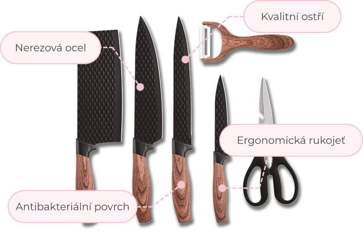Kuchyňská sada obsahují sekáček, ostrý nůž, nůžky a škrabku